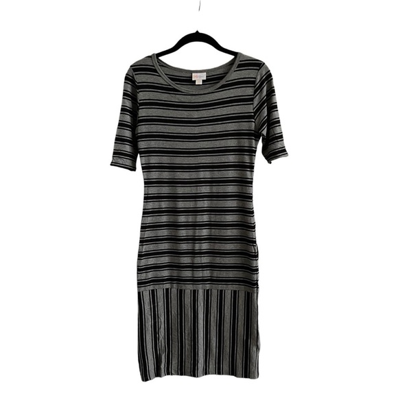 LuLaRoe Julia Dress Women's Size XXS Black Gray Striped T-Shirt Bodycon Casual - Picture 2 of 6